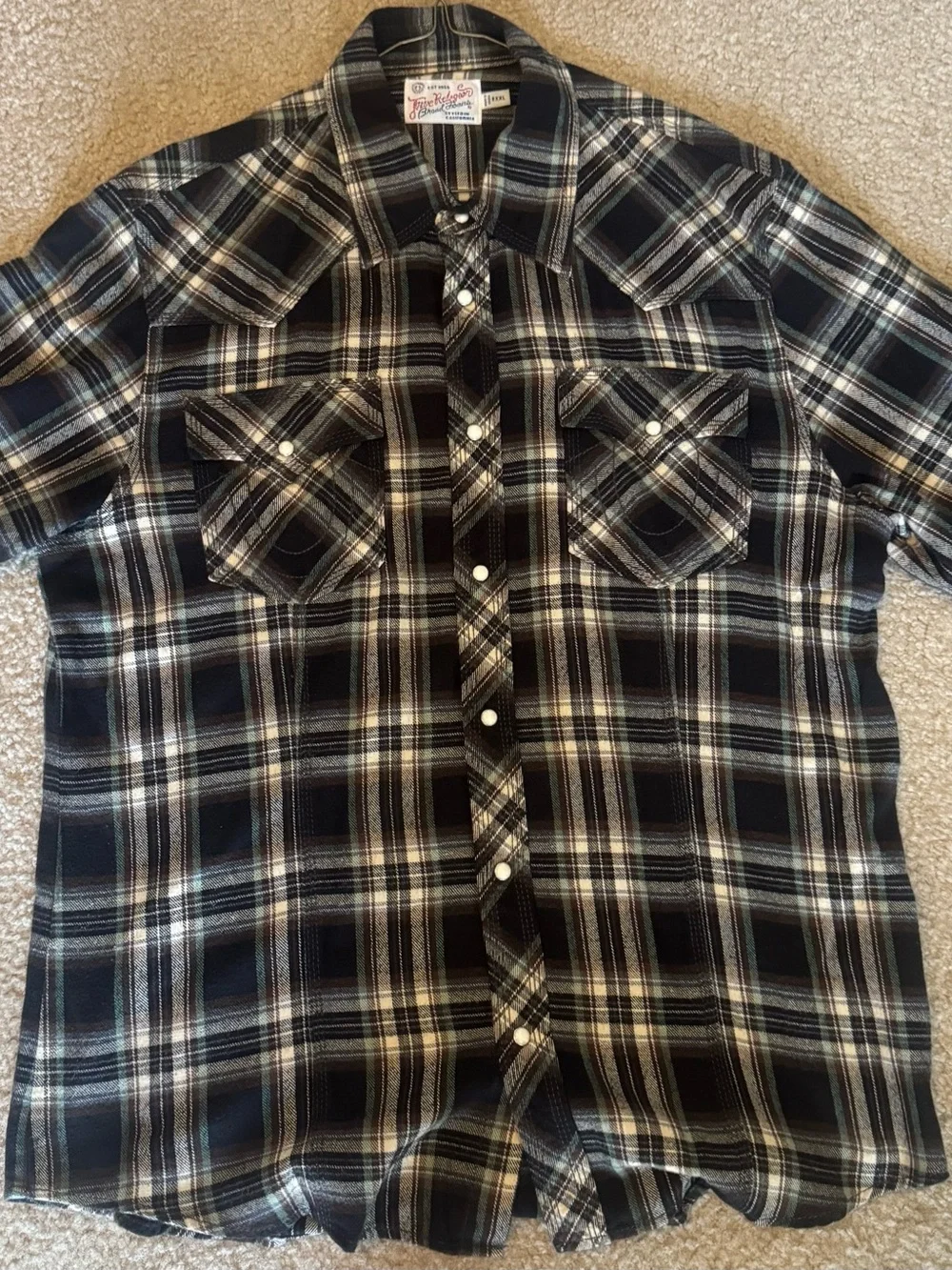 True Religion Black, Green & Cream Plaid Button-Down Shirt